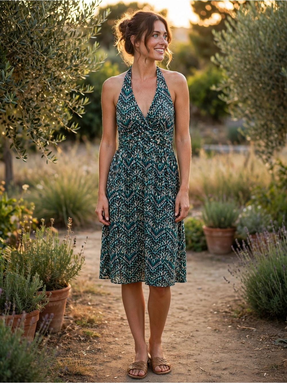 Vintage Y2K Faith Pasion Halter Dress Size M | Teal Brown Print Twist Front